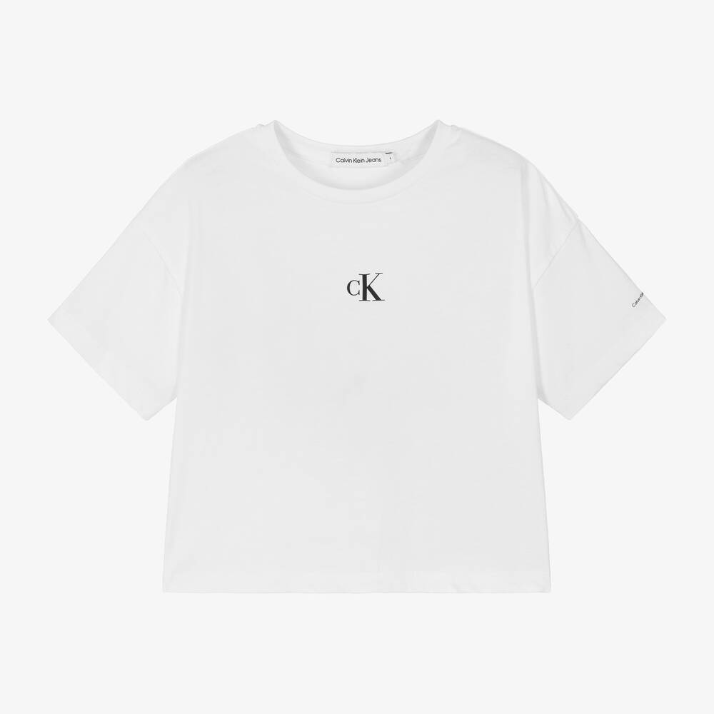 Calvin Klein - تيشيرت قطن جيرسي لون أبيض للبنات | Childrensalon