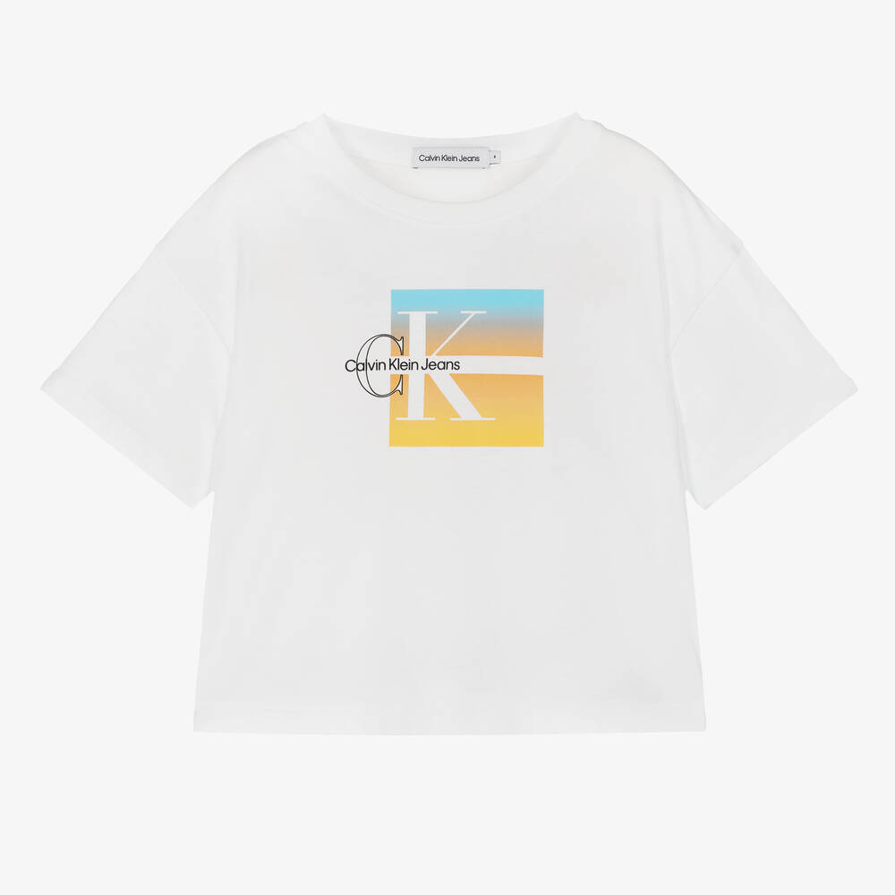 Calvin Klein - Girls White CK Gradient T-Shirt | Childrensalon