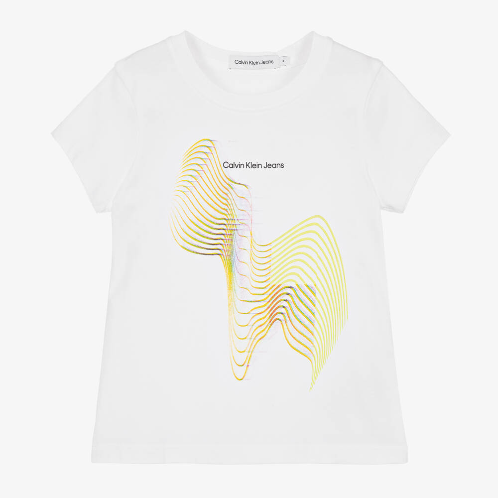 Calvin Klein - Girls White Cotton Graphic Print T-Shirt | Childrensalon