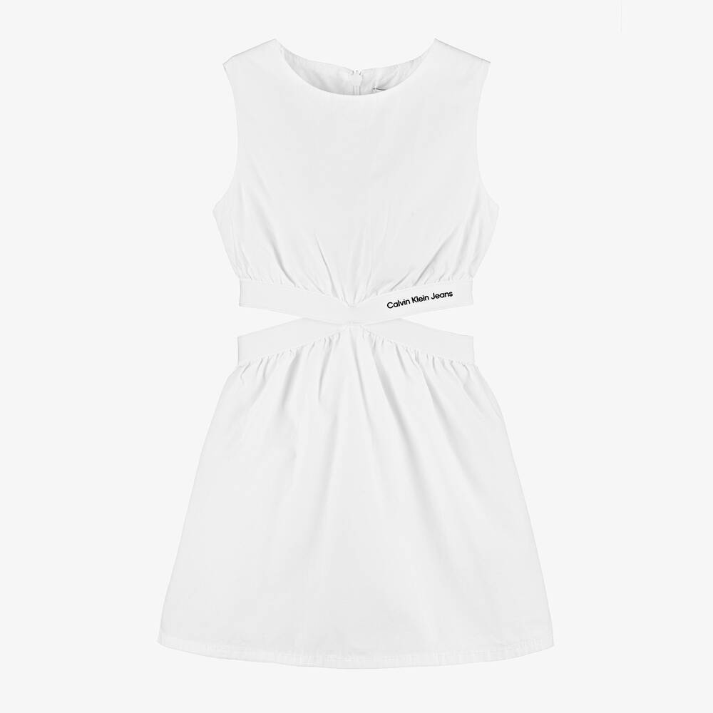 Calvin Klein - Girls White Cotton Logo Tape Dress | Childrensalon