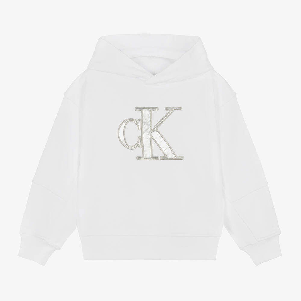 Calvin Klein - توب هودي بطبعة مونوغرام قطن جيرسي لون أبيض | Childrensalon