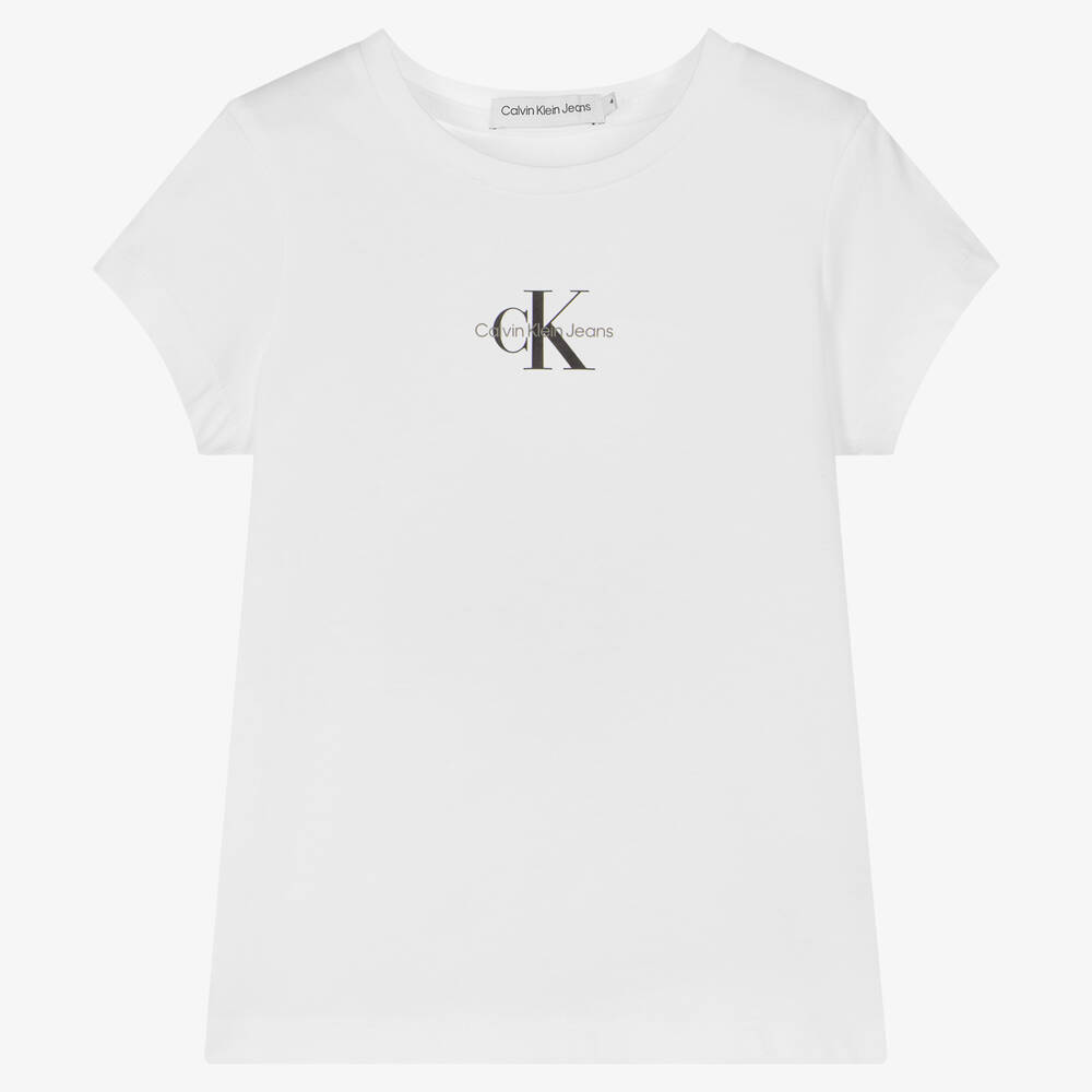 Calvin Klein - Girls White Cotton T-Shirt | Childrensalon