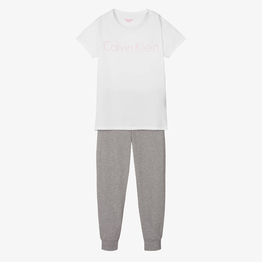 Calvin Klein - Girls White & Grey Cotton Logo Pyjamas | Childrensalon