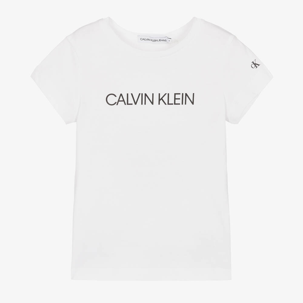 Calvin Klein Jeans - Girls White Organic Cotton Logo T-Shirt | Childrensalon