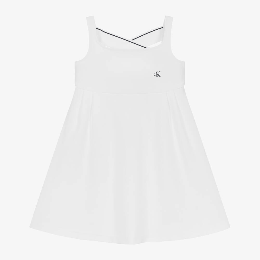 Calvin Klein - فستان بطبعة مونوغرام مزيج فيسكوز لون أبيض | Childrensalon