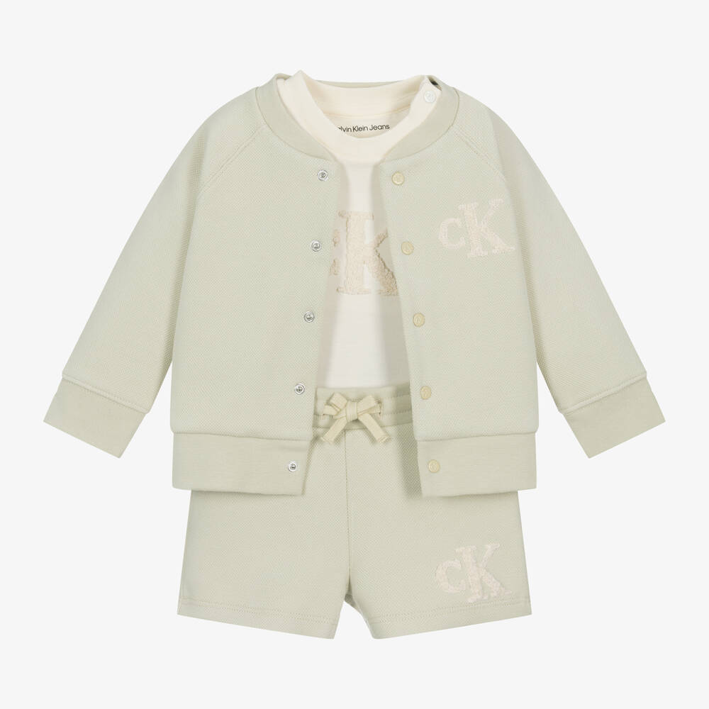 Calvin Klein - هدية طقم بدلة رياضية قطن لون أخضر فاتح وعاجي | Childrensalon