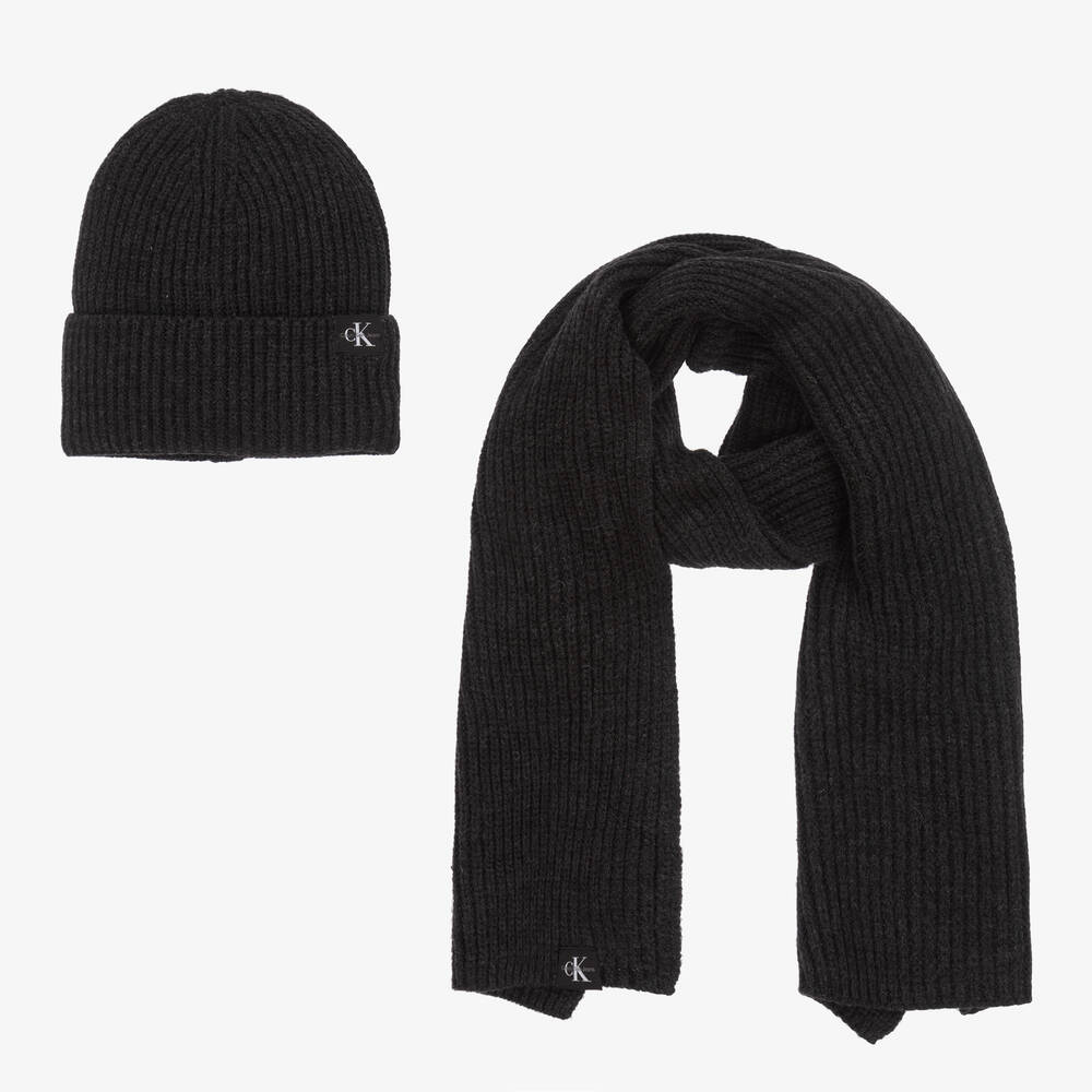 Calvin Klein - Grey Rib Knit Beanie Hat & Scarf Set | Childrensalon