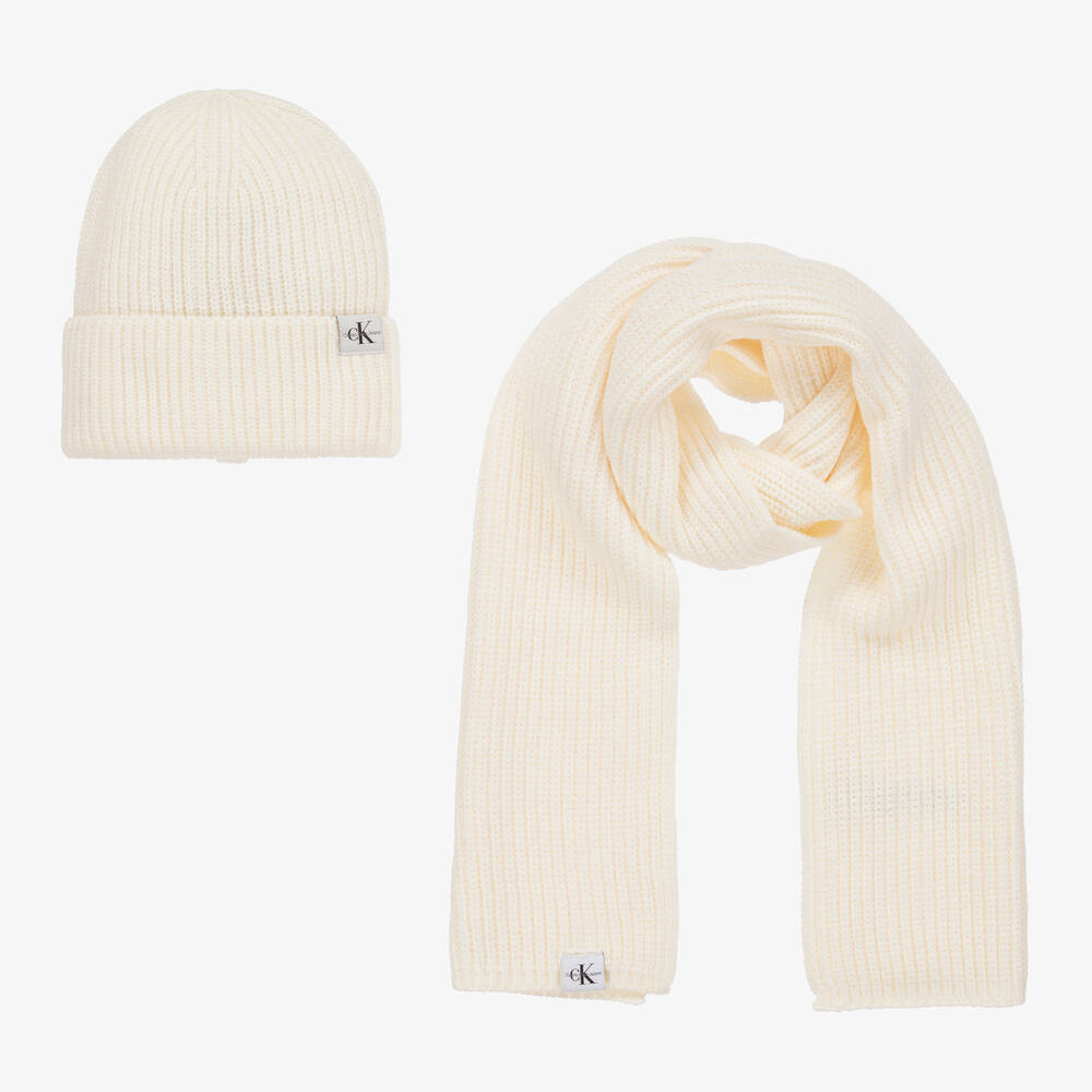 Calvin Klein - Ivory Rib Knit Beanie Hat & Scarf Set | Childrensalon