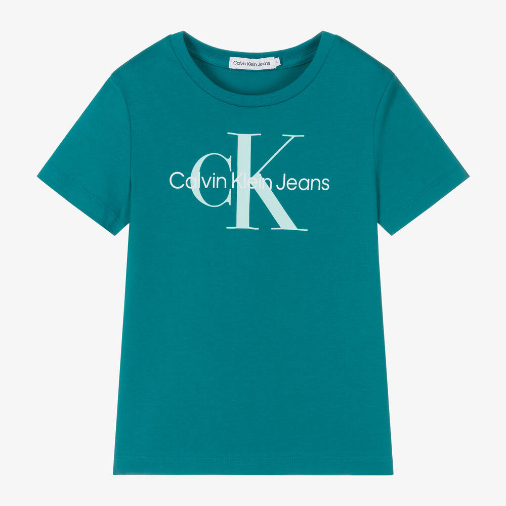Shop Calvin Klein Teal Blue Monogram Cotton T-shirt