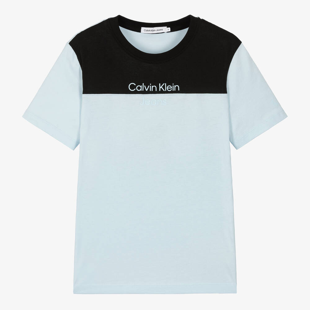 Calvin Klein - Голубая хлопковая футболка с черными акцентами | Childrensalon