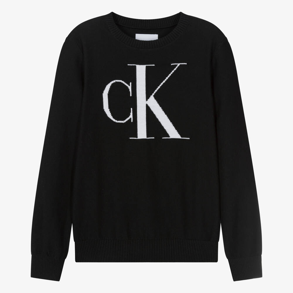 Calvin Klein - بلوفر بطبعة مونوغرام قطن محبوك لون أسود للمراهقين | Childrensalon