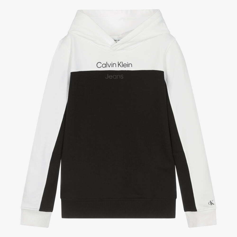 Calvin Klein - توب هودي تينز ولادي قطن لون أبيض وأسود | Childrensalon