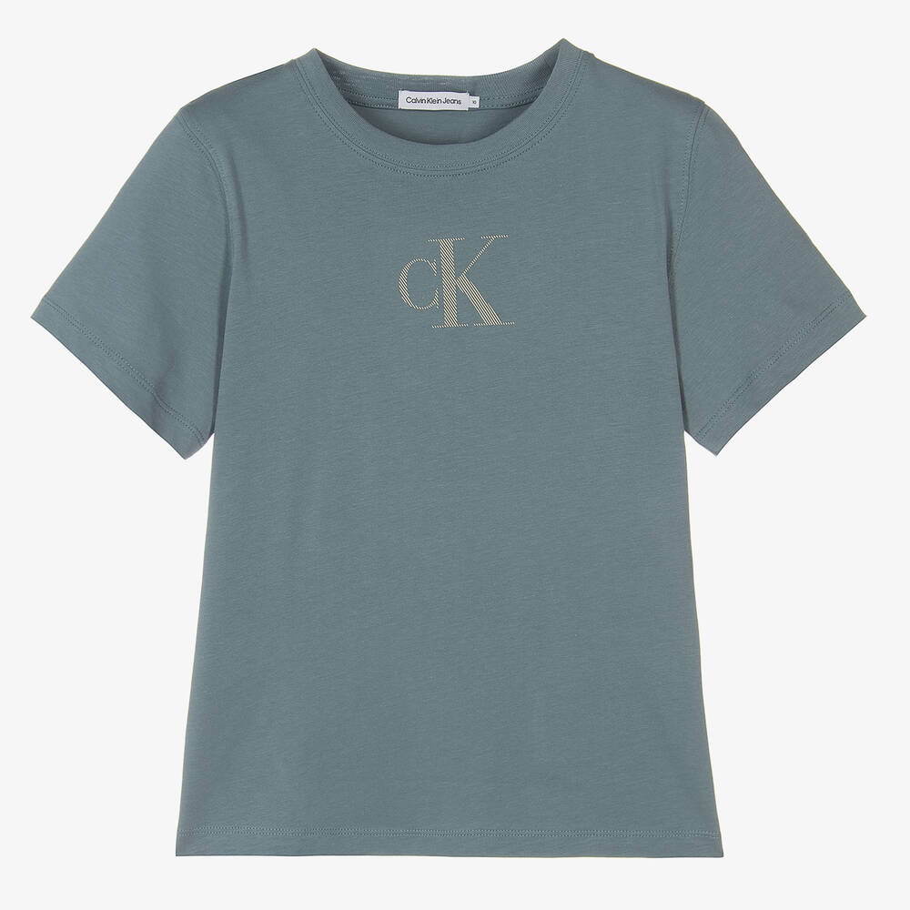 Calvin Klein - Голубая хлопковая футболка с монограммой для мальчиков-подростков | Childrensalon