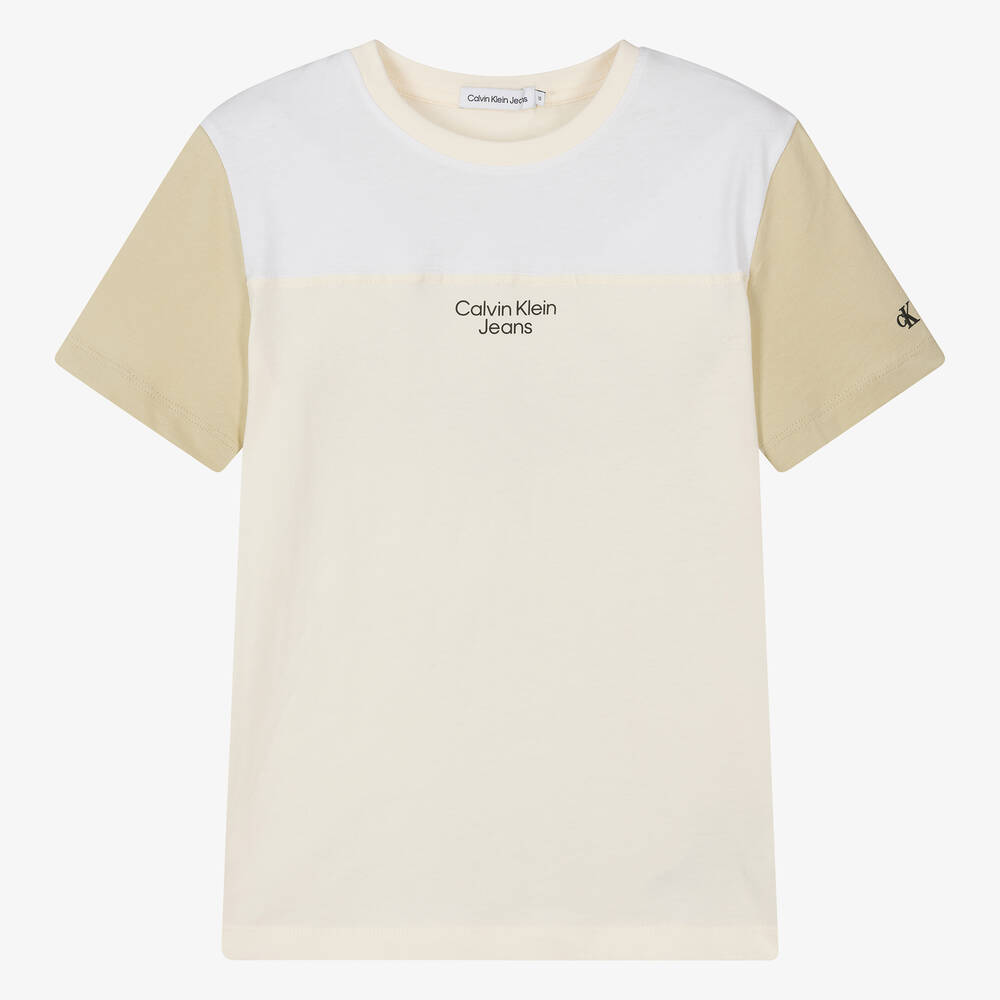 Calvin Klein - تيشيرت قطن بألوان بلوك عاجي وبيج للمراهقين | Childrensalon