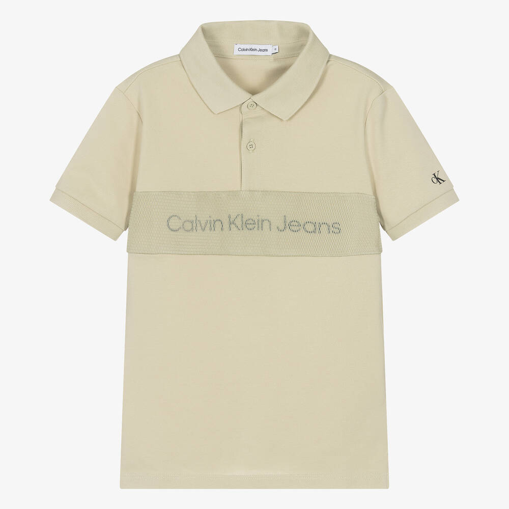 Calvin Klein - توب بولو قطن بيكيه لون أخضر بيج للمراهقين | Childrensalon