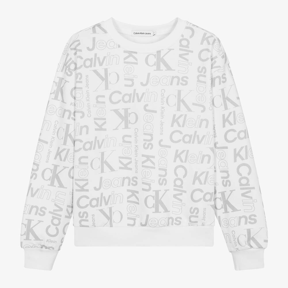 Calvin Klein - سويتشيرت بطبعة مونوغرام قطن لون أبيض للمراهقين | Childrensalon