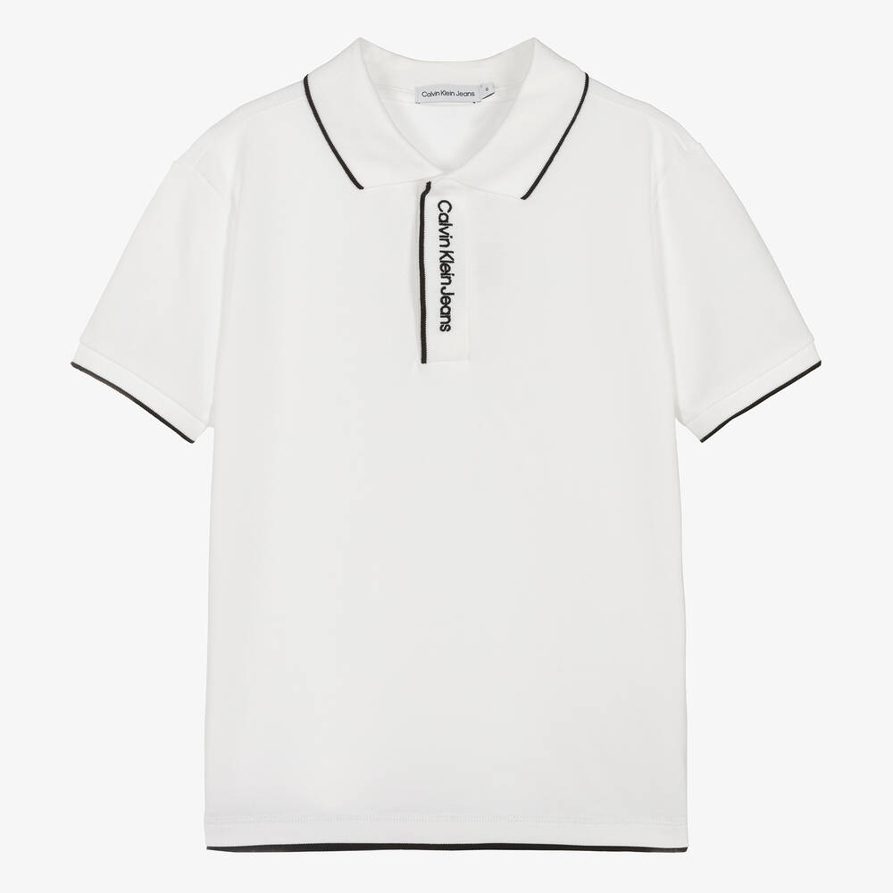 Calvin Klein - توب بولو قطن بيكيه لون أبيض للمراهقين | Childrensalon