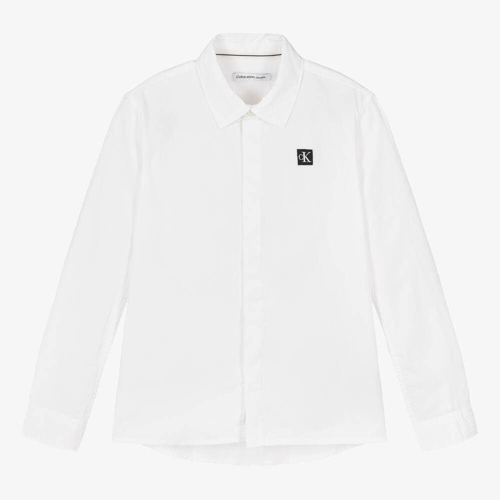Calvin Klein - Teen Boys White Monogram Cotton Poplin Shirt | Childrensalon