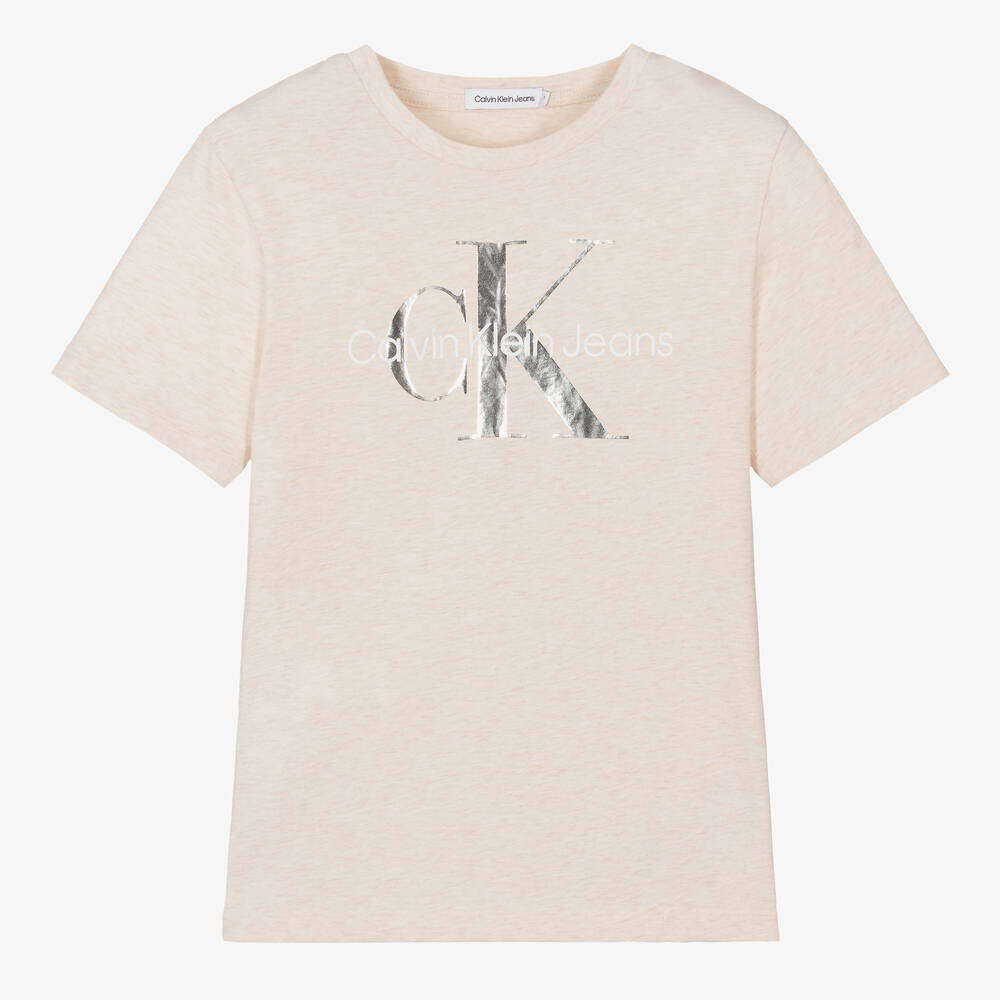 Calvin Klein - تيشيرت تينز بناتي قطن لون بيج مونس | Childrensalon