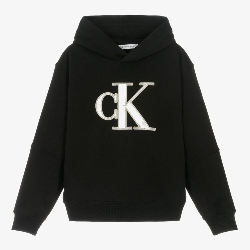 Calvin Klein - توب هودي بطبعة مونوغرام قطن جيرسي لون أسود | Childrensalon