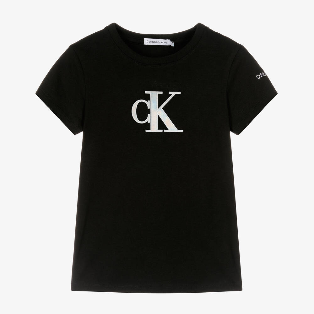 Calvin Klein - تيشيرت تينز بناتي قطن جيرسي لون أسود | Childrensalon