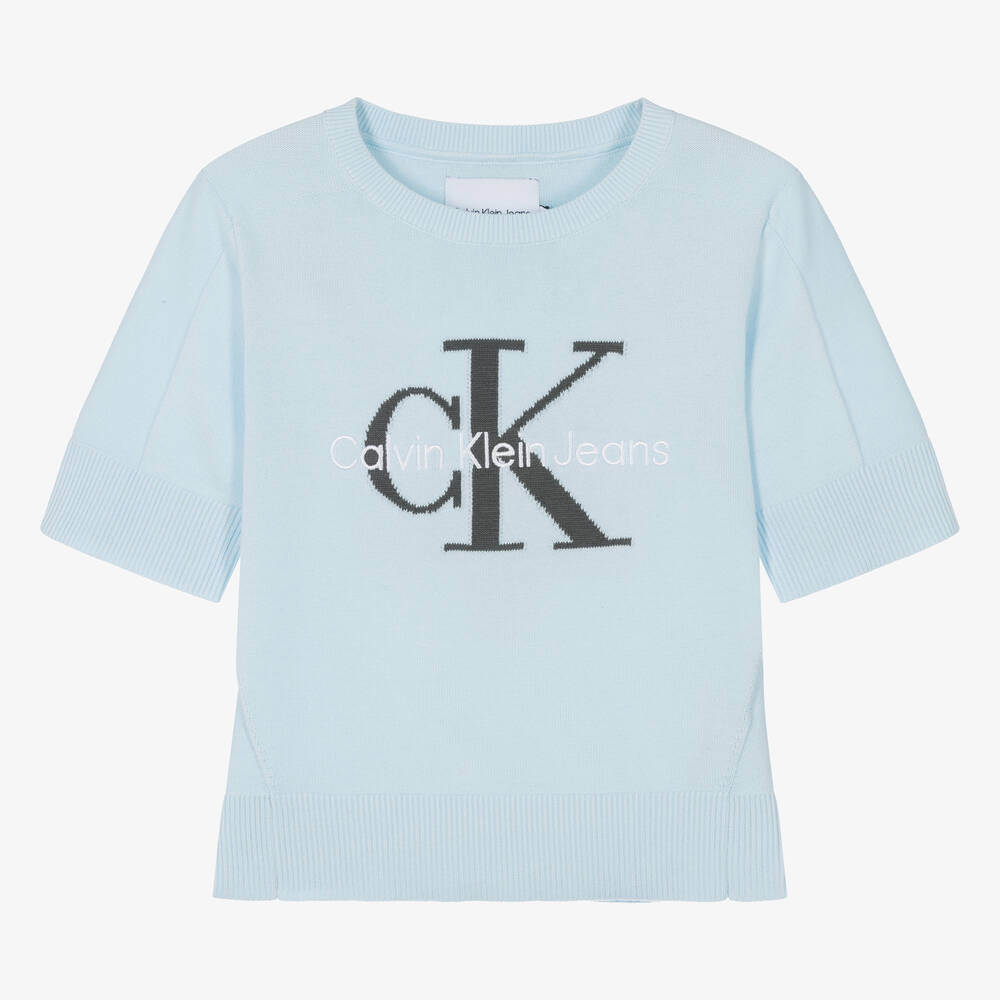 Calvin Klein - Голубой хлопковый свитер с монограммой для девочек | Childrensalon