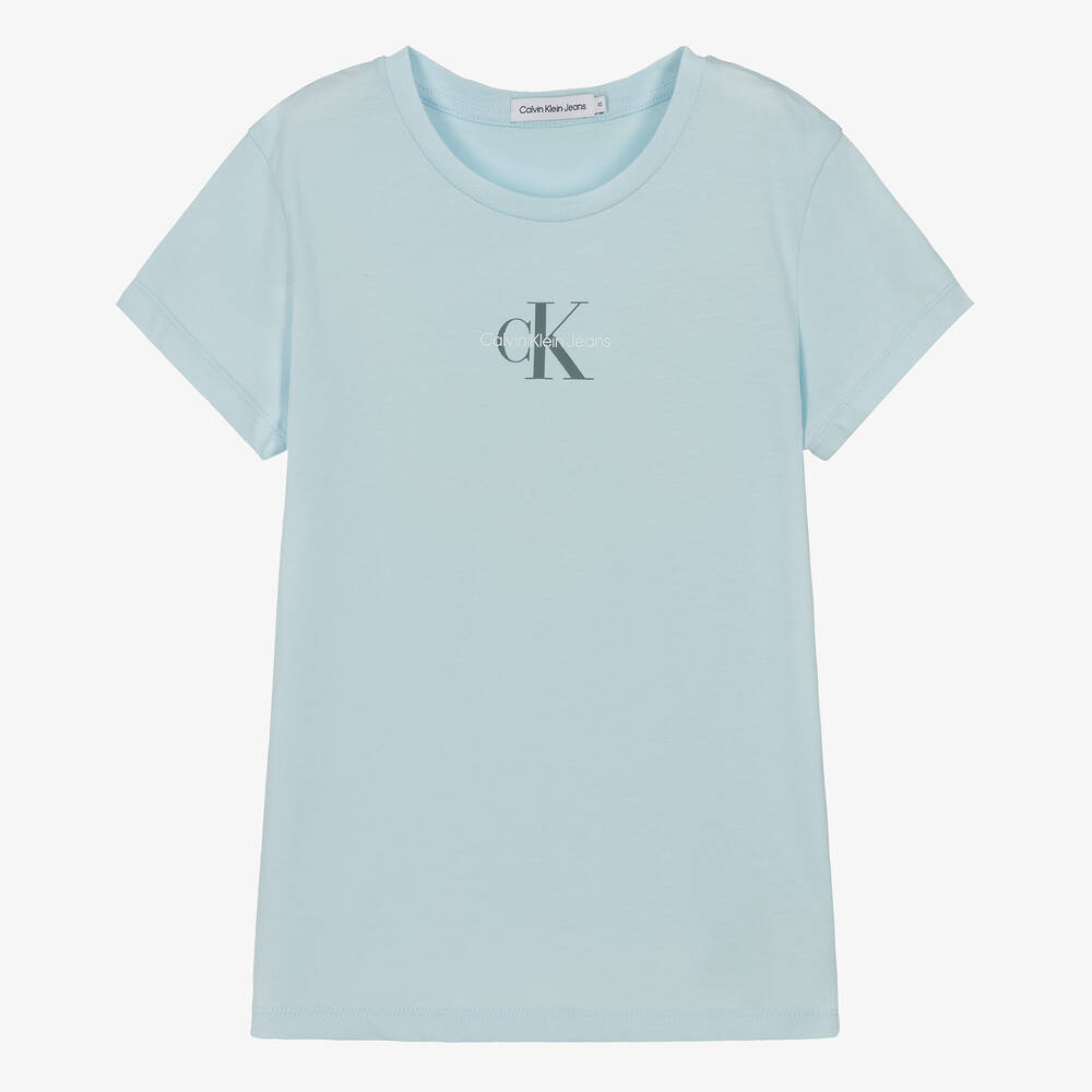 Calvin Klein - تيشيرت بطبعة مونوغرام تينز بناتي قطن لون أزرق | Childrensalon