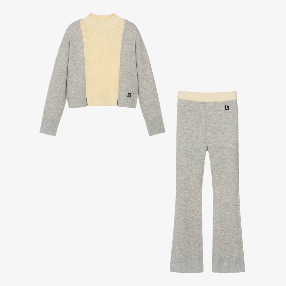 Calvin Klein - Teen Girls Grey & Ivory Knitted Trouser Set | Childrensalon