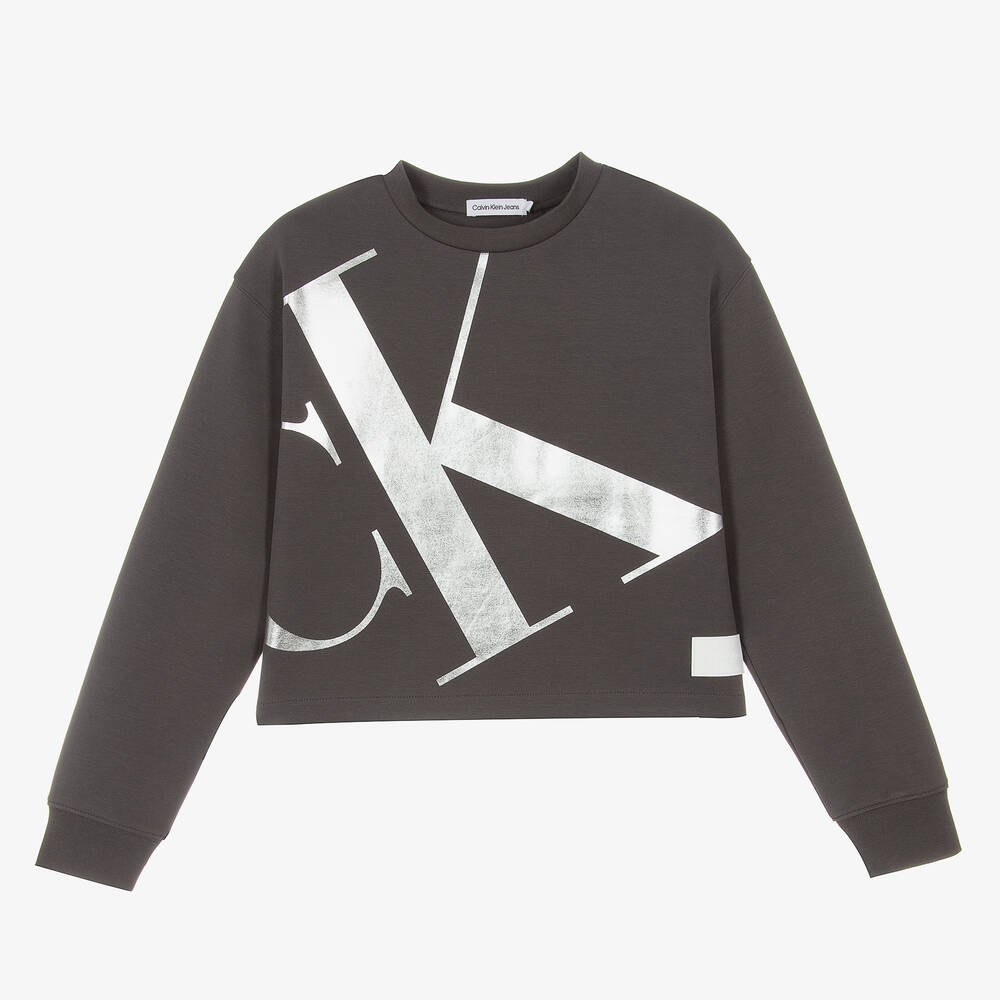 Calvin Klein - Серый свитшот с металлической монограммой для девочек-подростков | Childrensalon