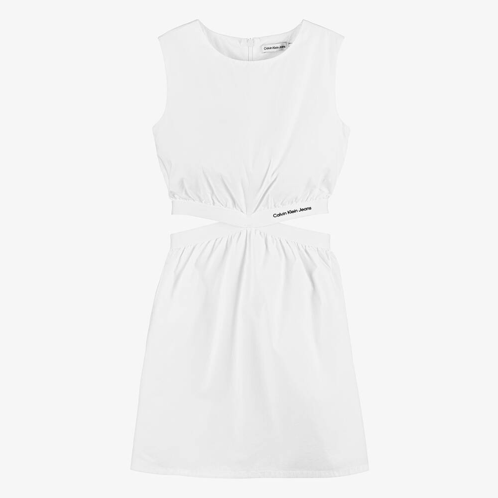 Calvin Klein - Teen Girls White Cotton Logo Tape Dress | Childrensalon