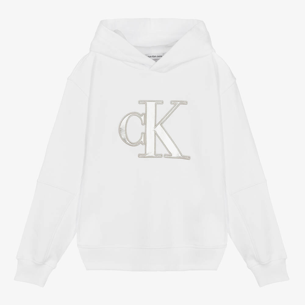 Calvin Klein - Teen Girls White Cotton Monogram Hoodie | Childrensalon