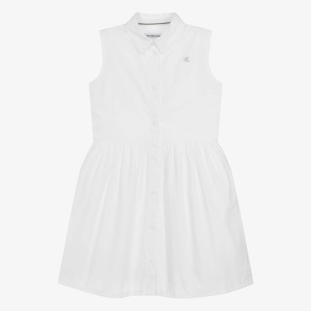 Calvin Klein -  فستان قميص قطن لون أبيض  | Childrensalon
