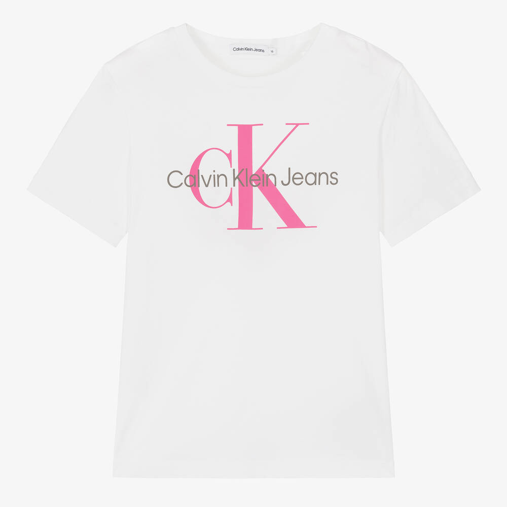 Calvin Klein - تيشيرت تينز بناتي قطن جيرسي لون أبيض | Childrensalon