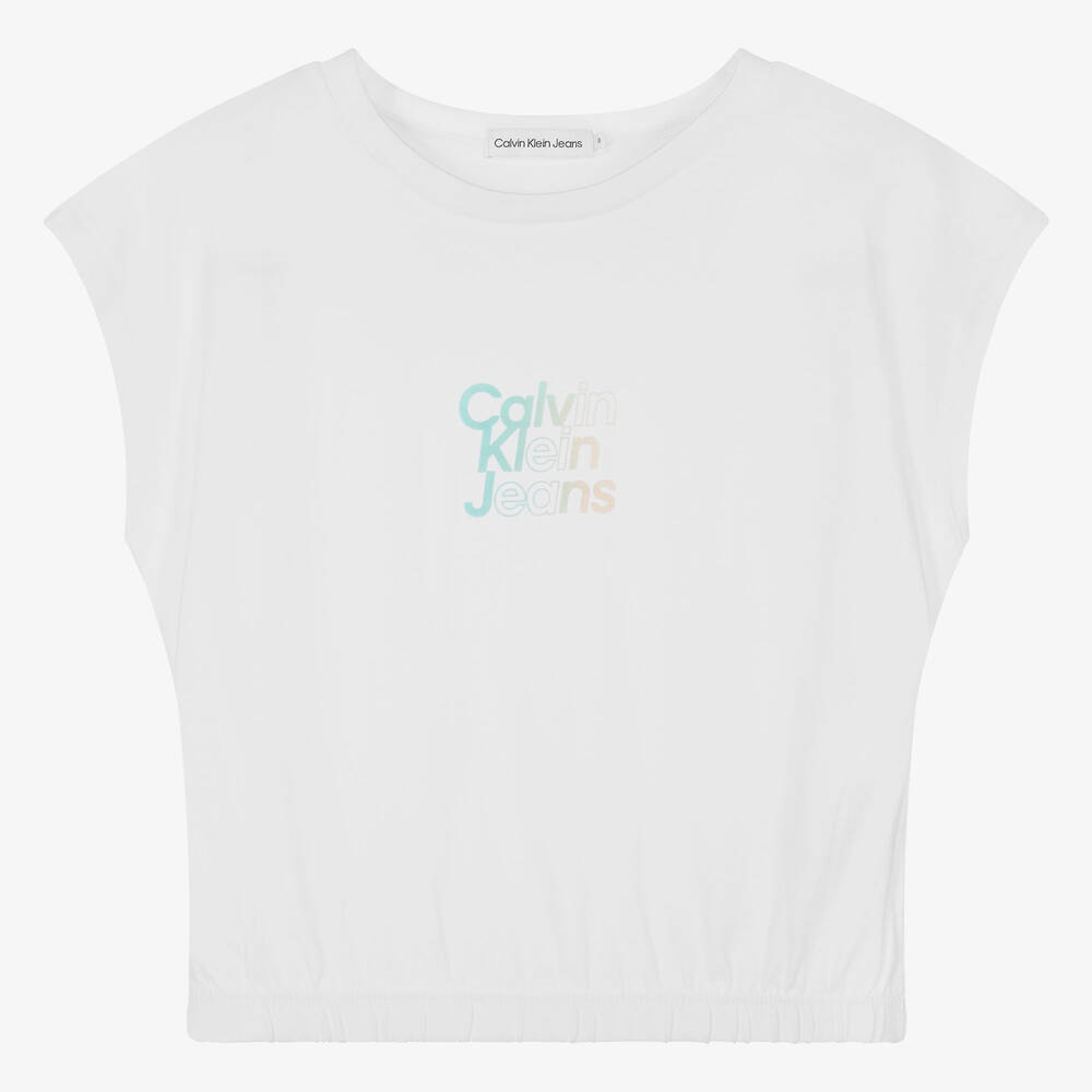 Calvin Klein - Teen Girls White Cotton T-Shirt | Childrensalon