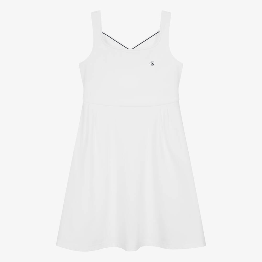 Calvin Klein - فستان بطبعة مونوغرام مزيج فيسكوز لون أبيض | Childrensalon