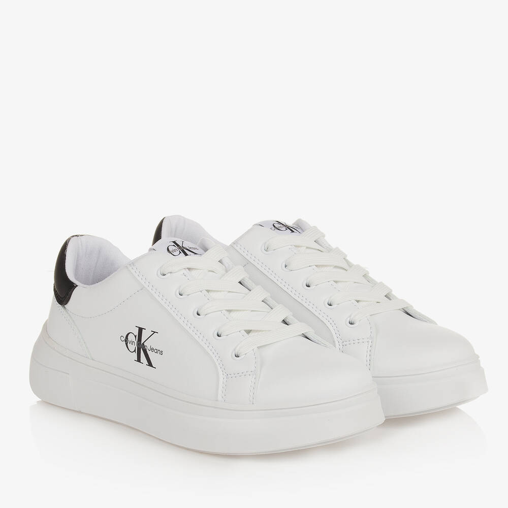 Calvin Klein - Teen White Faux Leather Lace-Up Trainers | Childrensalon