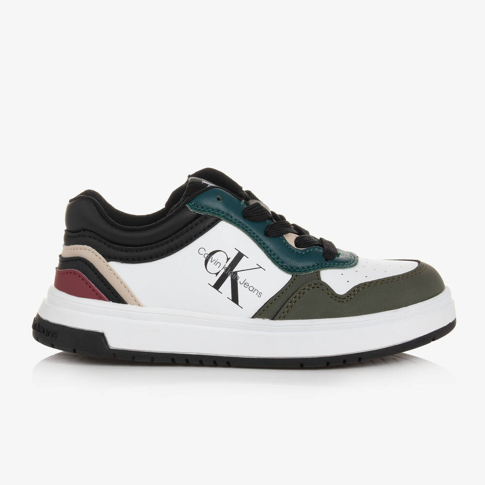 CALVIN KLEIN TEEN WHITE & GREEN FAUX LEATHER TRAINERS