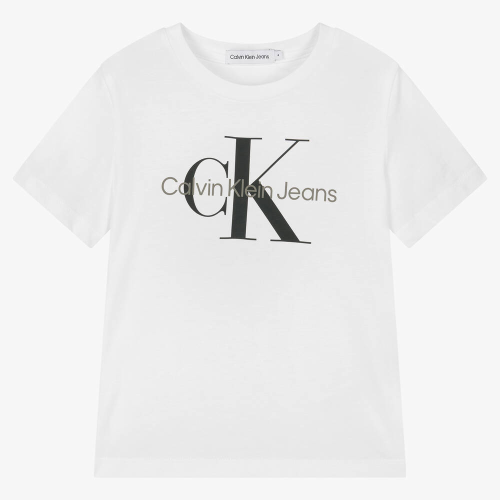 Calvin Klein Jeans - White Cotton Monogram Logo T-Shirt | Childrensalon