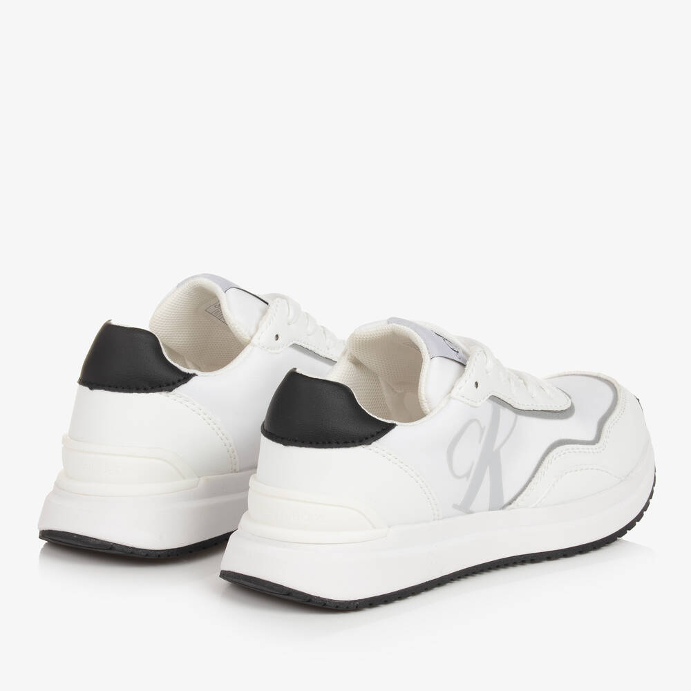 Calvin Klein - White Faux Leather Lace-Up Trainers | Childrensalon