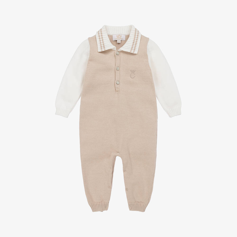 Caramelo Kids - Baby Boys Beige Knitted Polo Romper | Childrensalon