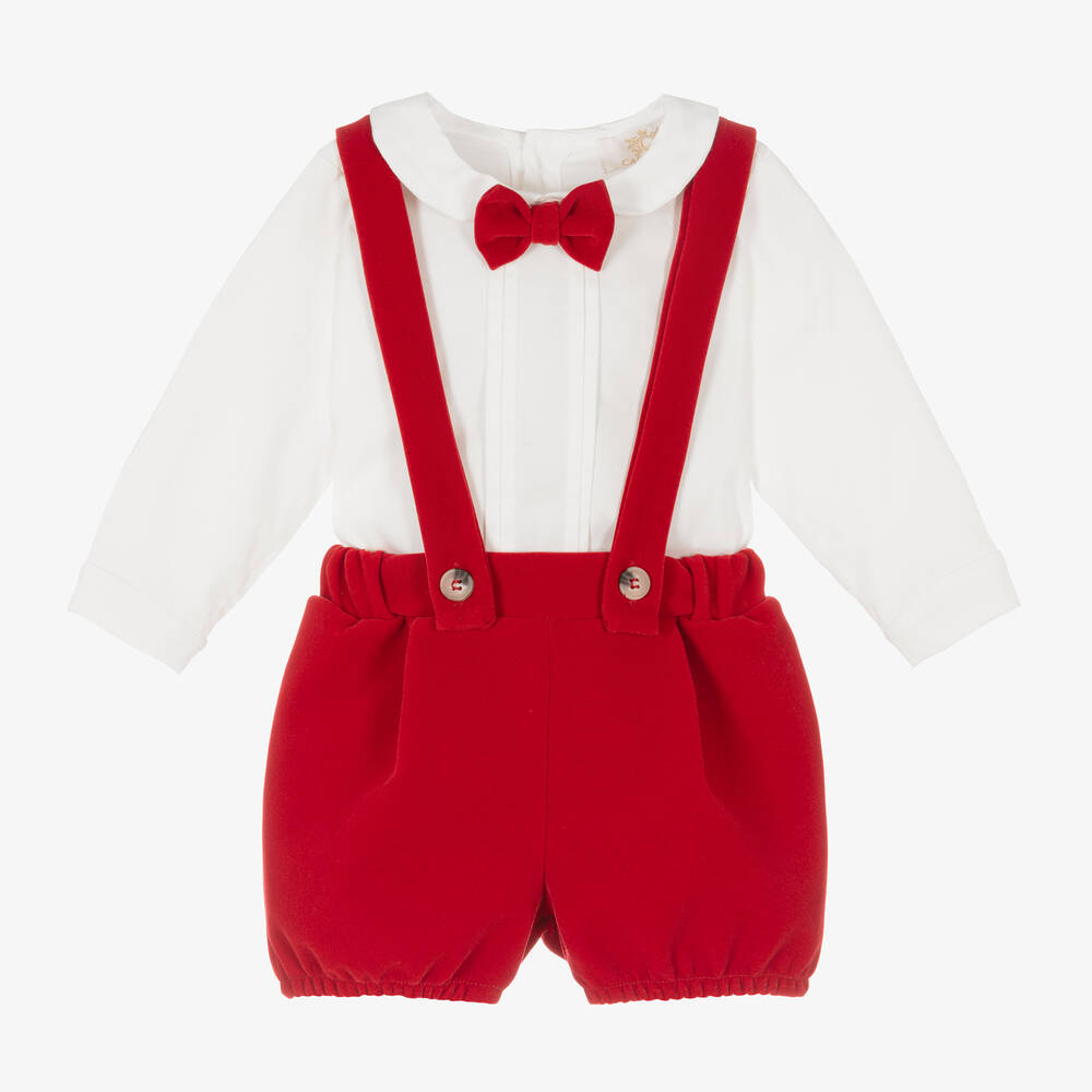 Caramelo Kids - Elfenbeinfarbenes und rotes Set aus Samt-Shorts für männliche Babys | Childrensalon