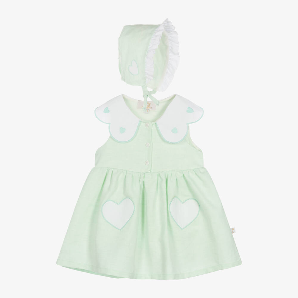 Caramelo Kids - طقم فستان قطن وكتان لون أخضر فاتح للمولودات | Childrensalon