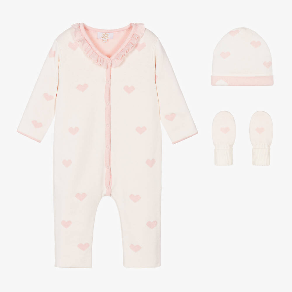 Caramelo Baby Girls Pink Cotton Knit Pramsuit Set
