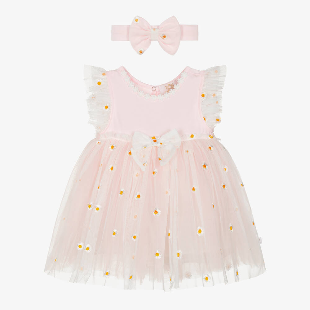 Shop Caramelo Baby Girls Pink Embroidered Tulle Dress Set