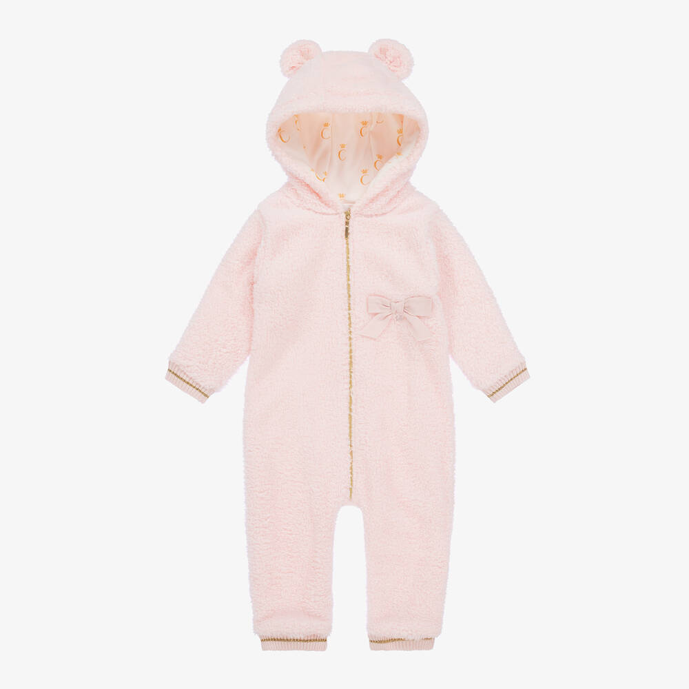 Caramelo Baby Girls Pink Teddy Fleece Pramsuit