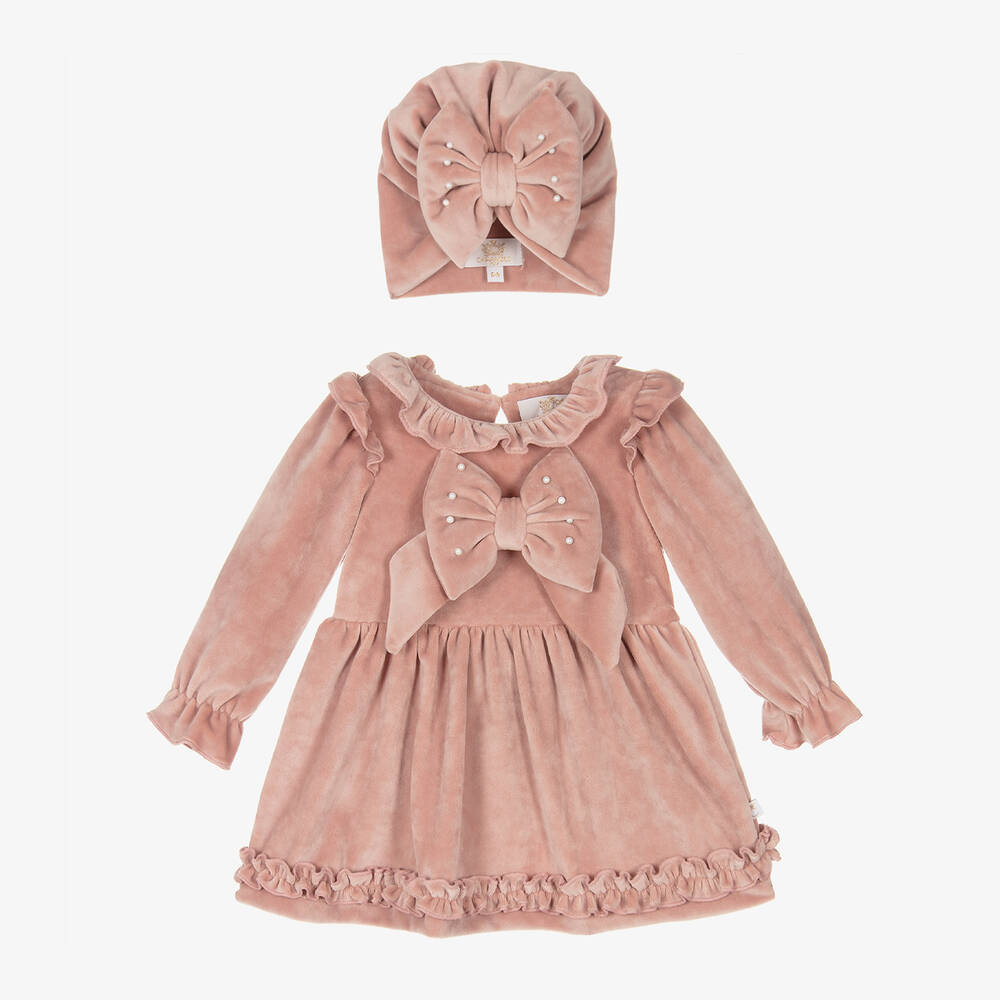 Caramelo Kids - Baby Girls Pink Velour Bow Dress Set | Childrensalon