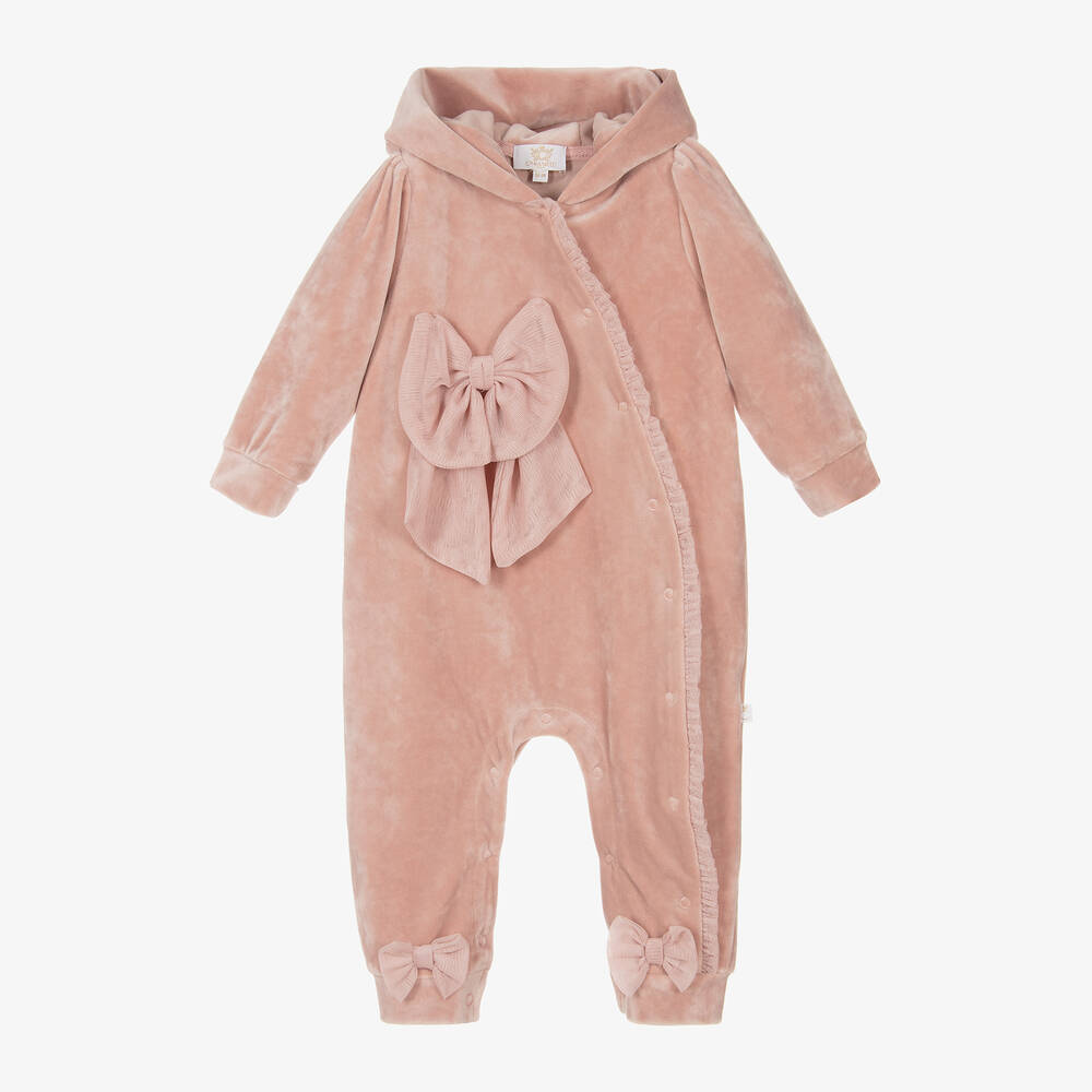 Caramelo Kids - Baby Girls Pink Velour Bow Romper | Childrensalon