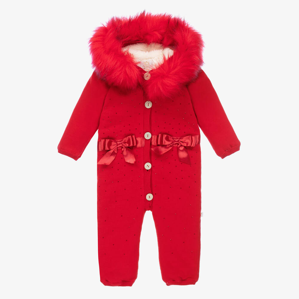 Caramelo Kids - Baby Girls Red Knit Pramsuit | Childrensalon