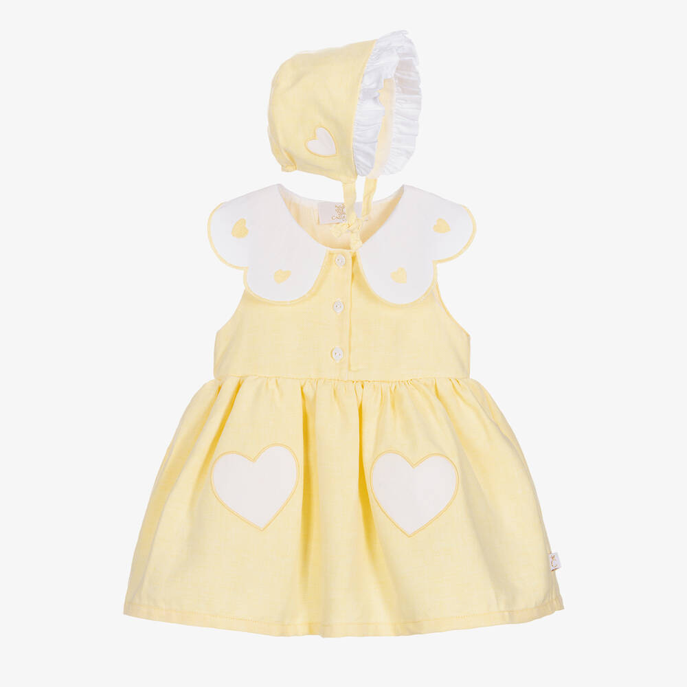 Caramelo Kids - طقم فستان قطن وكتان لون أصفر فاتح للمولودات | Childrensalon