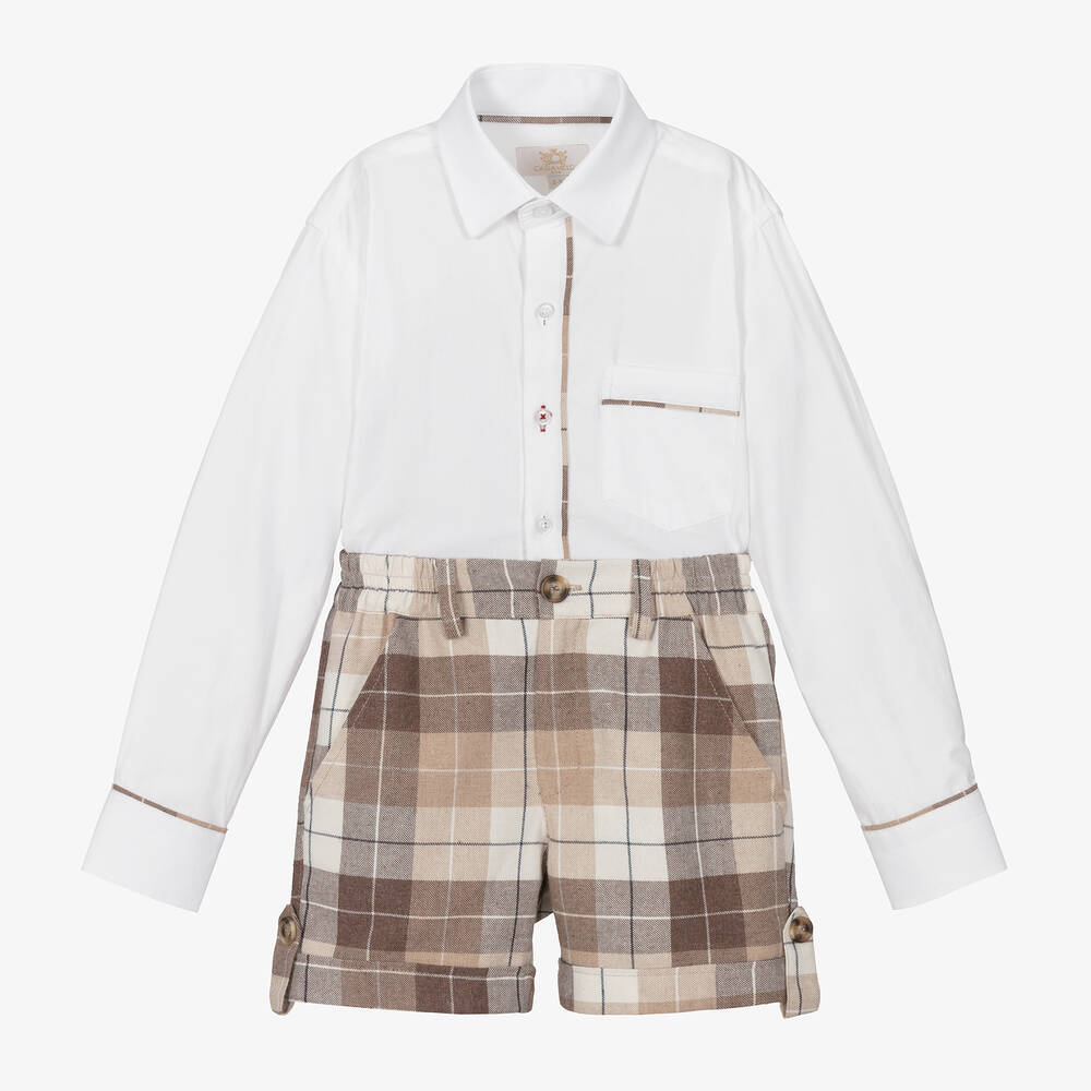 Caramelo Kids - Boys Beige Check Cotton Shorts Set | Childrensalon